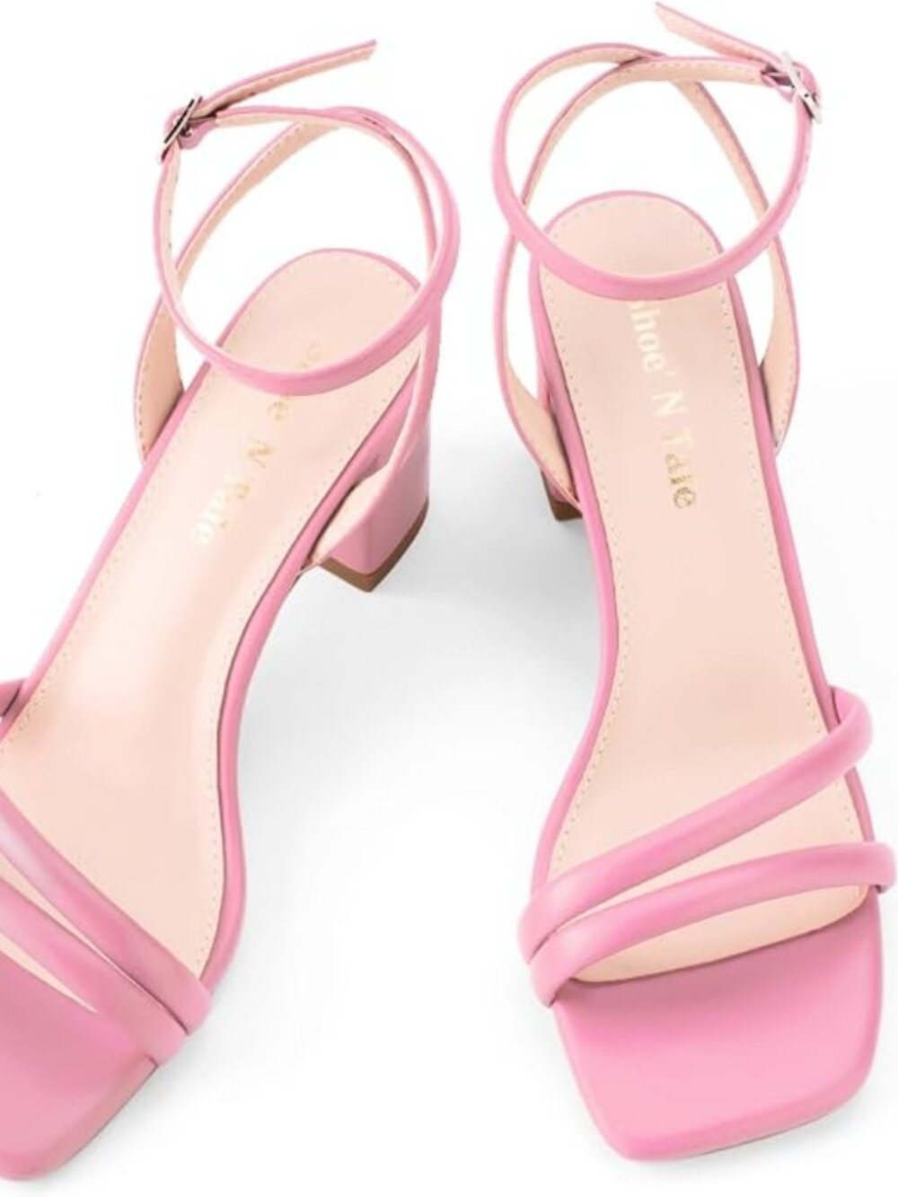 Pink Patent Square Toe Block Heel Sandals | Strappy Ankle Strap Party Dress Shoe